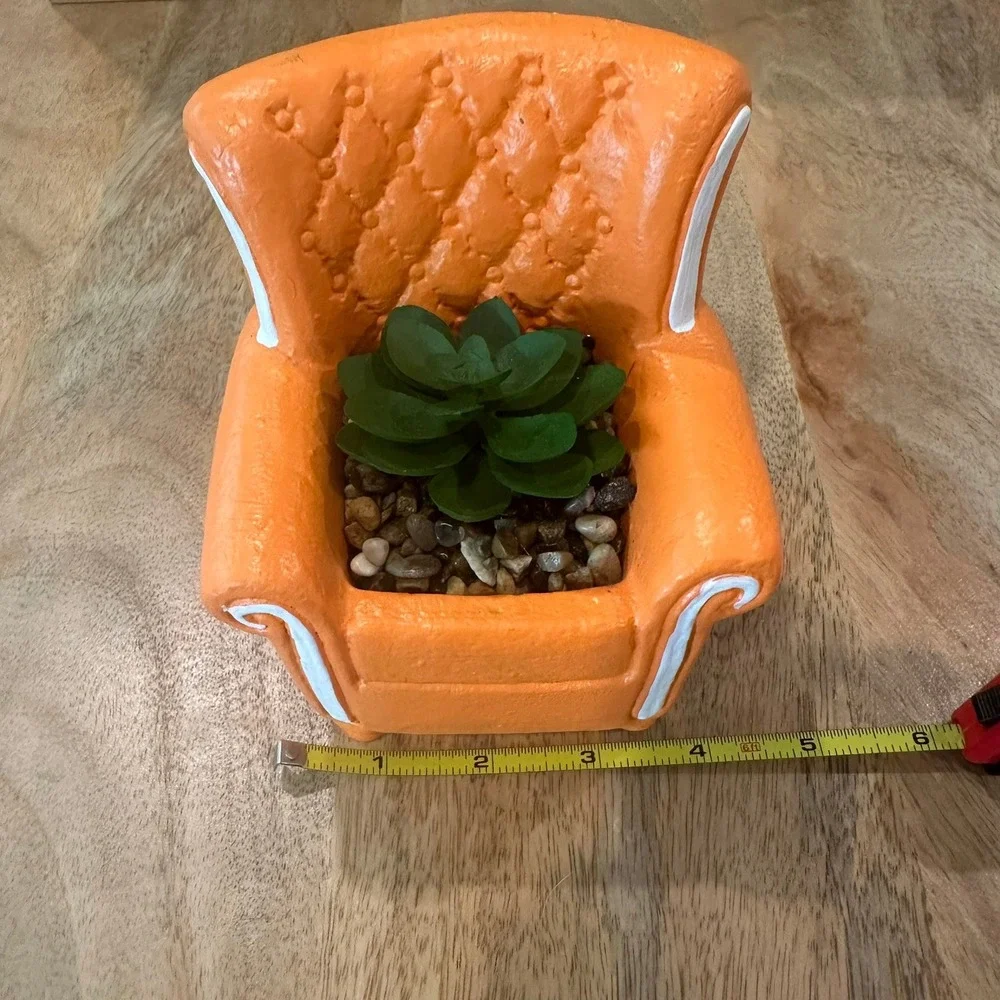 Orange Miniature Armchair Succulent Planter Faux Plant Decor Tufted Chair